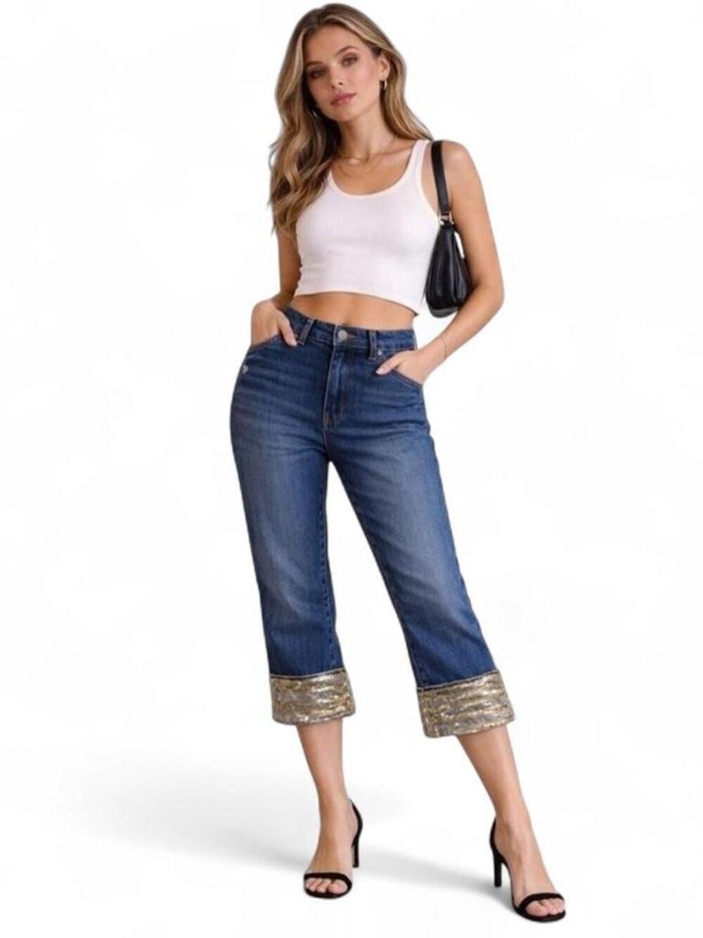 Embellished Blue Jeans with Gold Accents